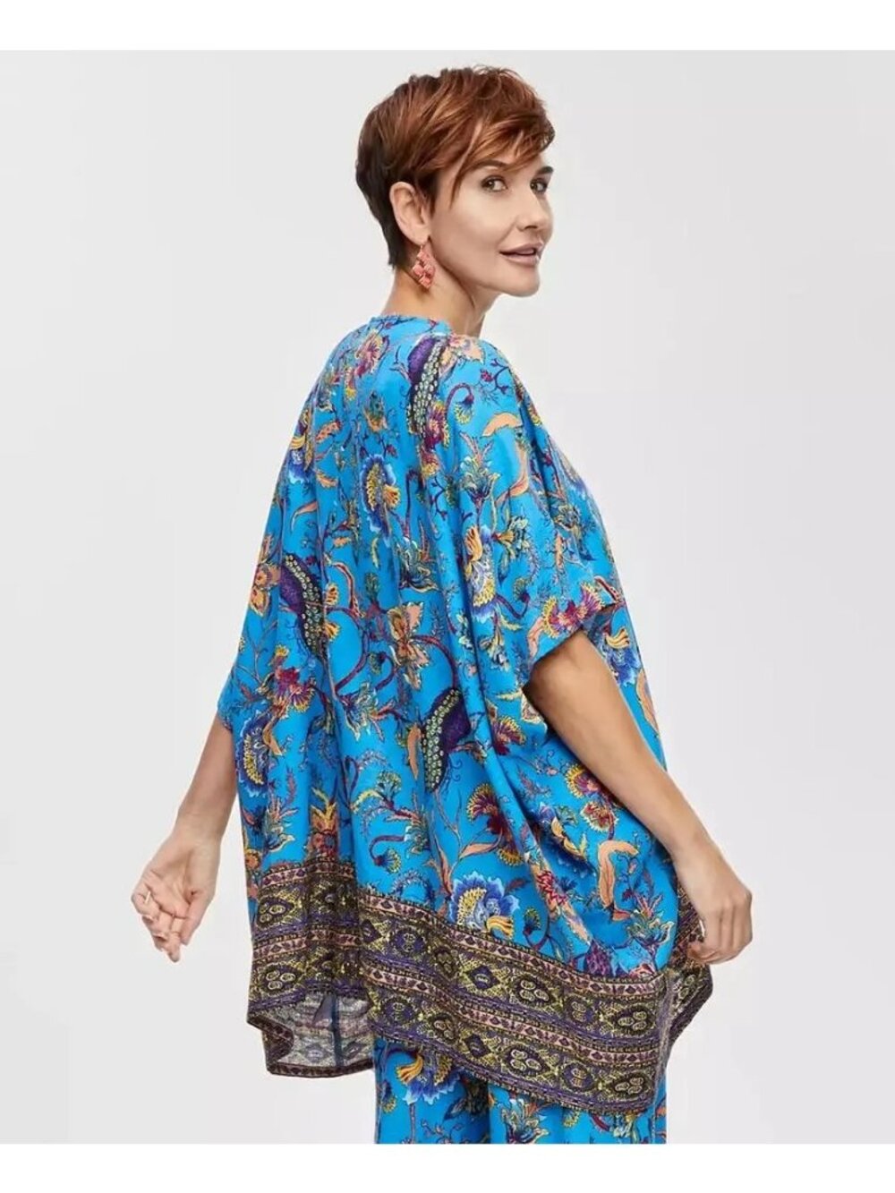 JM Collection Womens Linen Blend Aqua Floral Kimono Cardigan Size S - Picture 2 of 15
